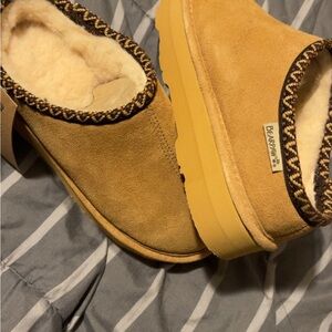 BearPaw Tan Suede Slip-Ons with Patterned Trim